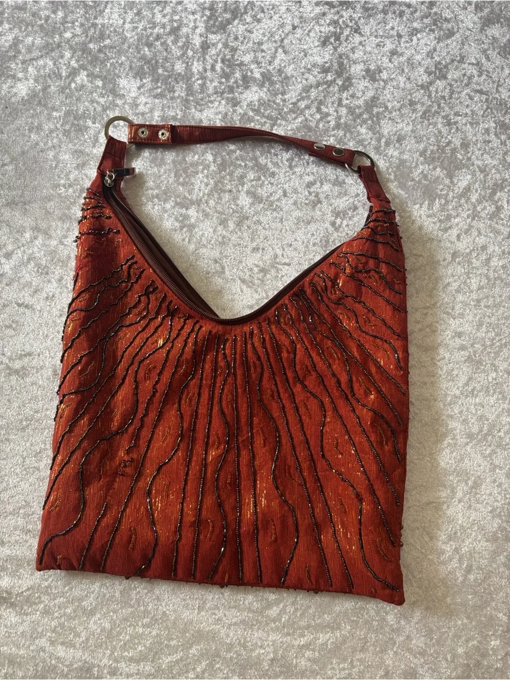 Y2K Beaded Hobo Shoulder Bag Burnt Orange Boho Embellished Purse